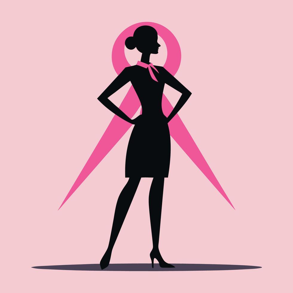 A silhouette of a strong woman standing tall with the pink ribbon prominently featured, symbolizing resilience vector