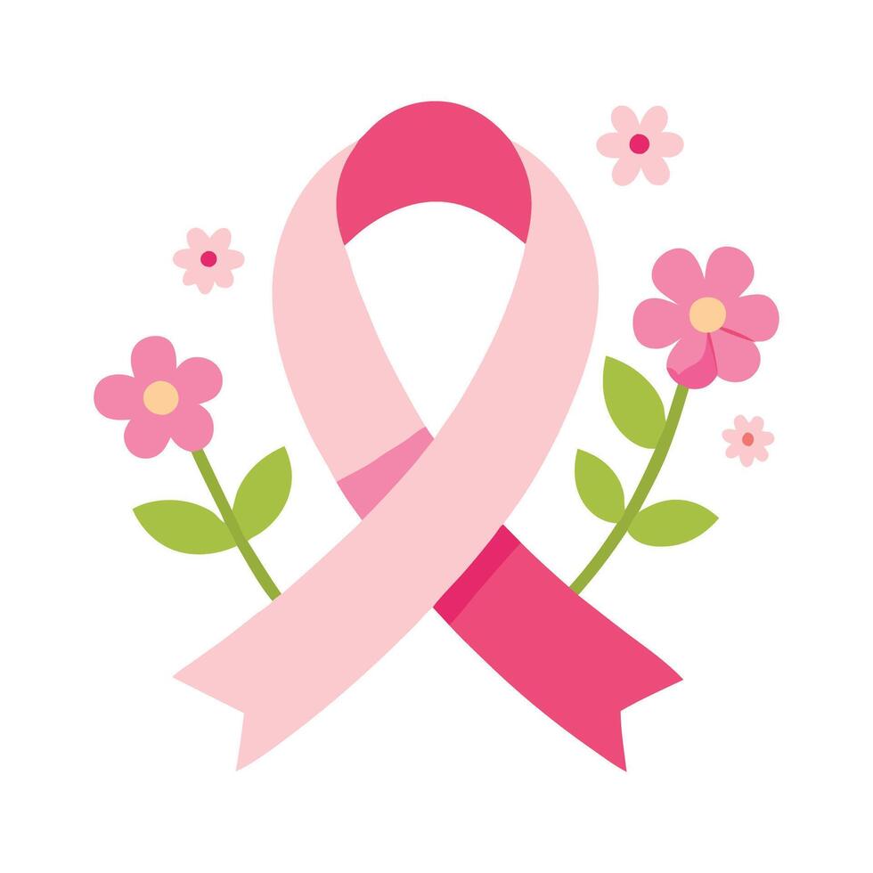 A single pink ribbon surrounded by blossoming flowers, emphasizing growth and hope vector