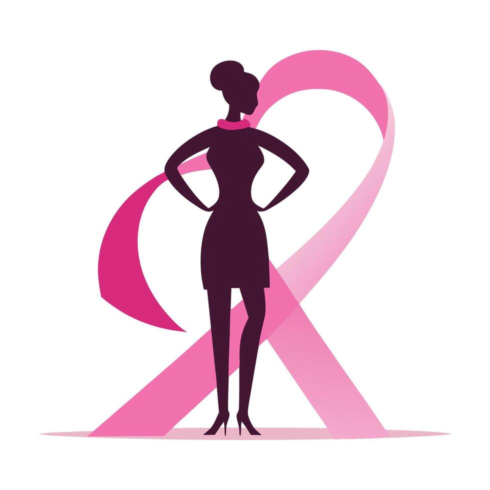 A silhouette of a strong woman standing tall with the pink ribbon prominently featured, symbolizing resilience vector