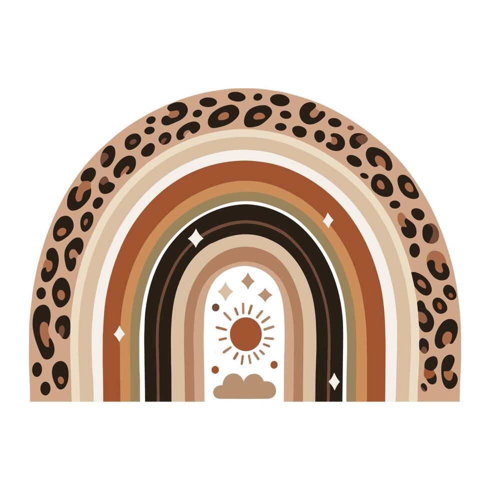 Abstract rainbow with leopard pattern and sun illustration on white background vector