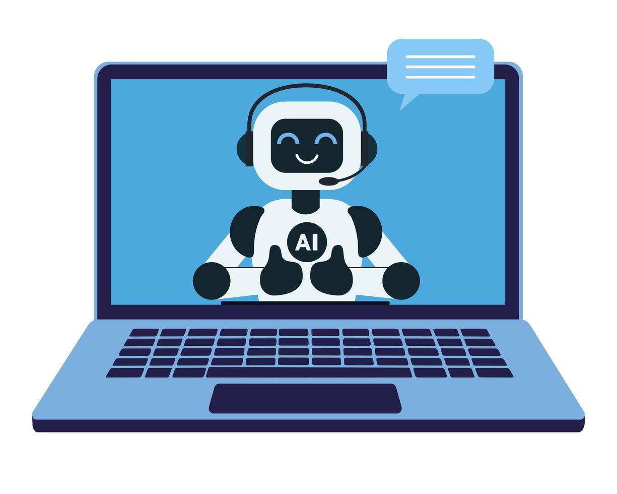 Cute chat bot robot shows thumbs up on the laptop monitor screen vector
