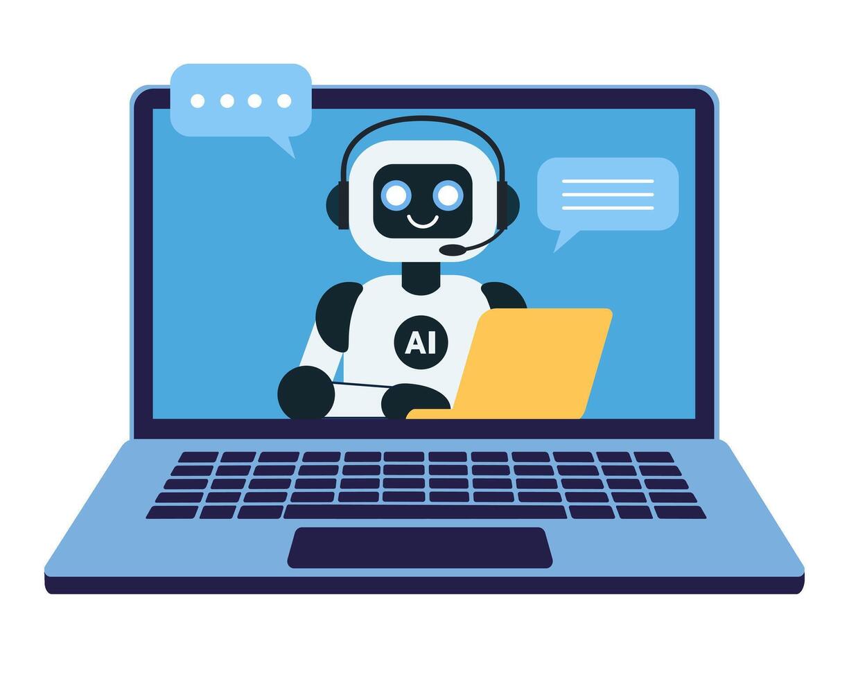 Cute chat bot robot with yellow laptop on on the monitor screen vector