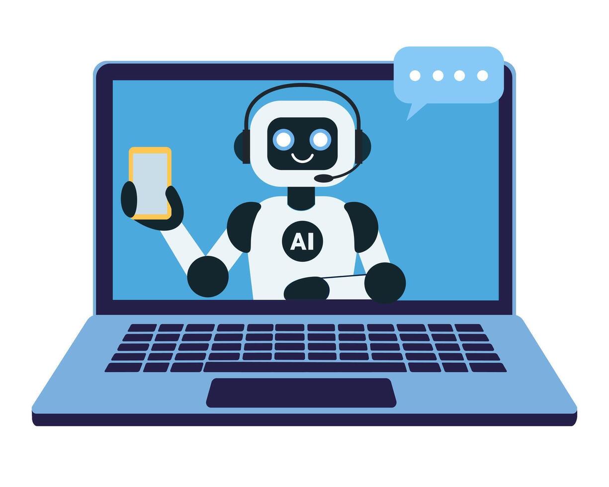 Cute chat bot robot on the laptop monitor screen showing smartphone vector