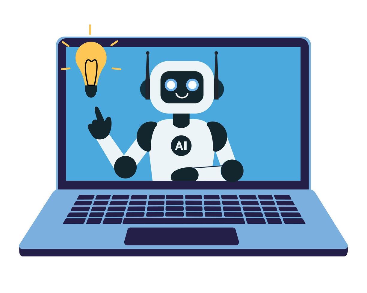 The robot on the laptop monitor screen pointing to the light bulb and develops an innovative business idea or strategy. vector