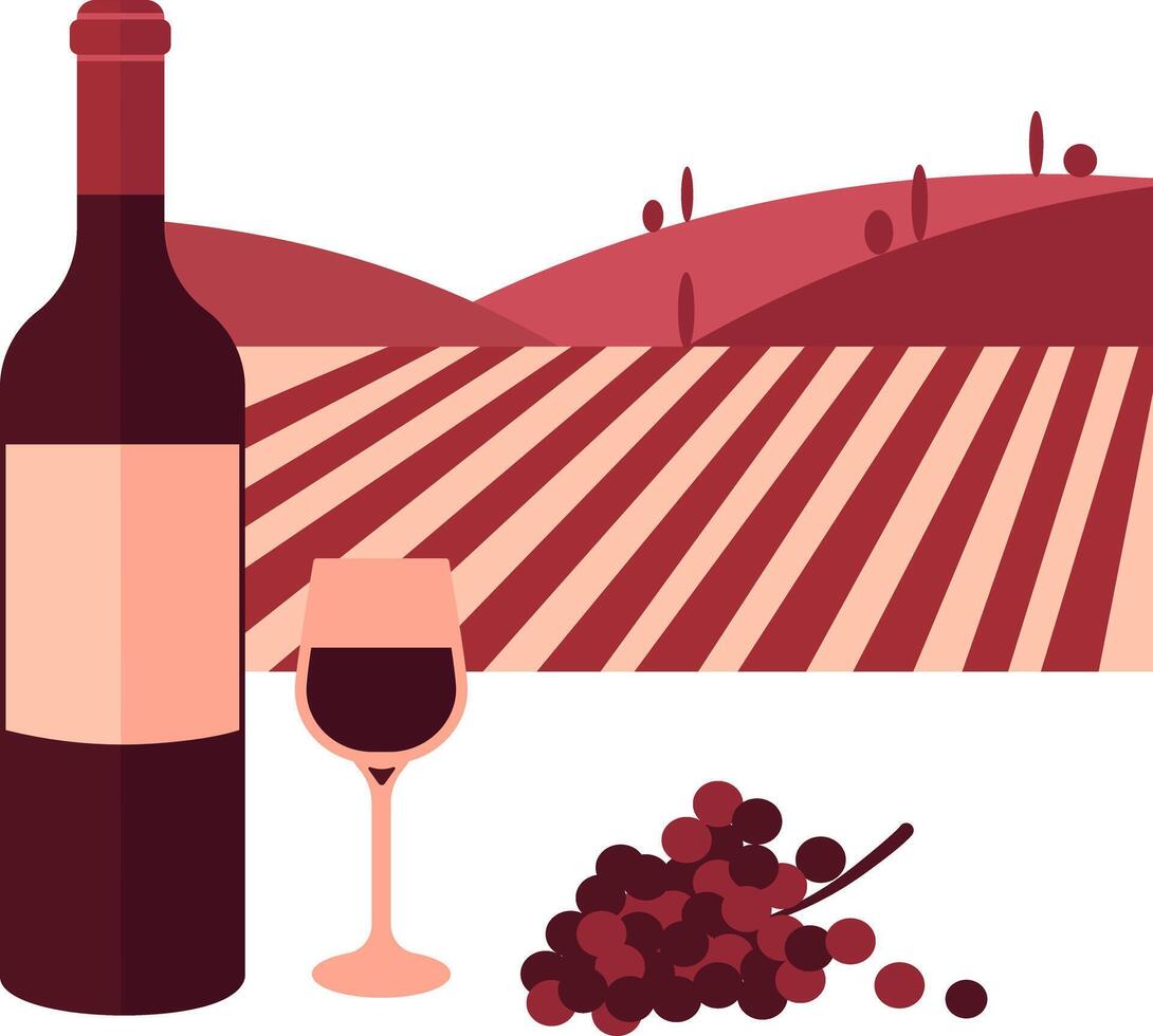 Bottle and glass of red wine and bunch of red grapes and vineyard as background. vector