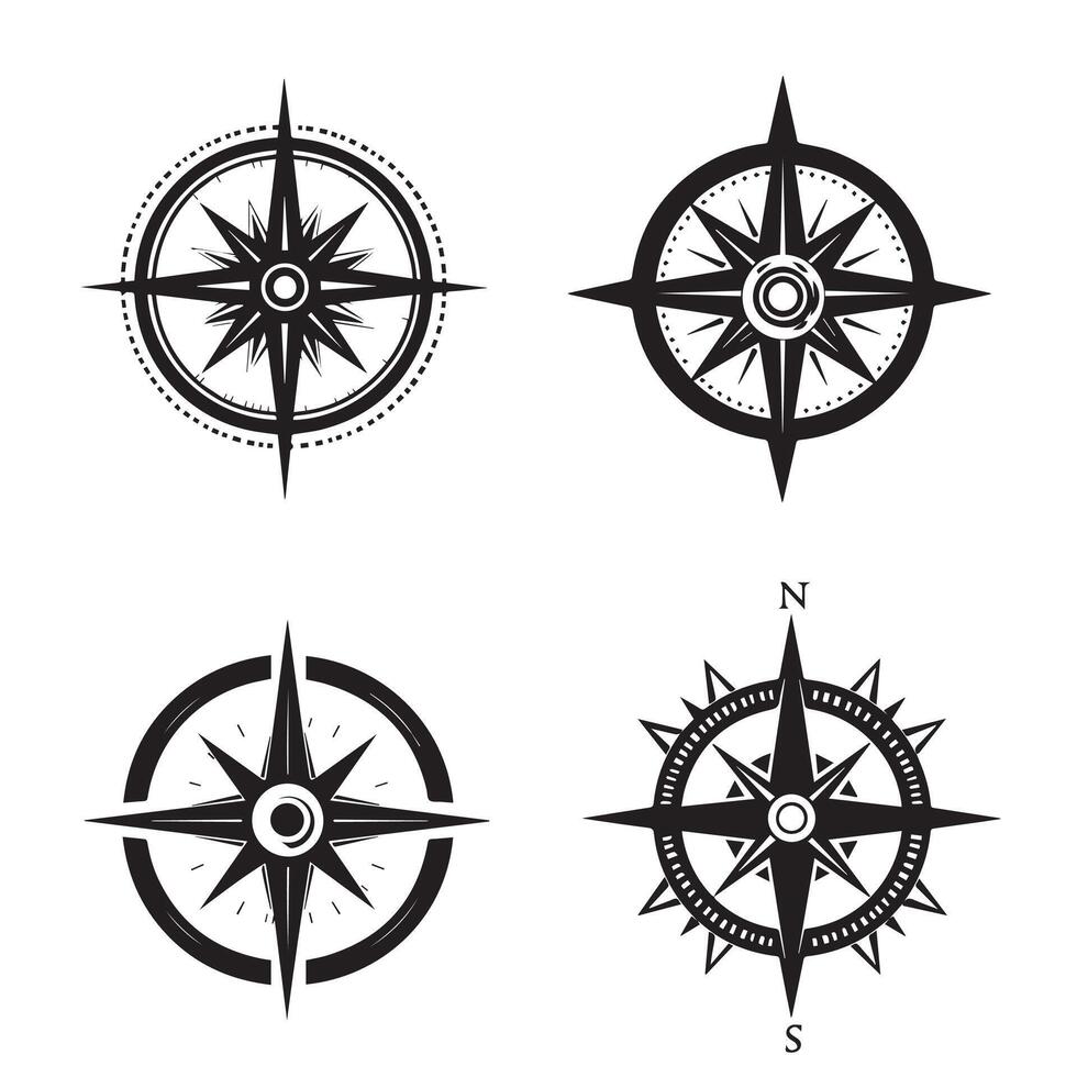 Vintage compass rose collection with four different black and white nautical design. Ship, yacht retro wheel symbol. Nautical rudder icon. Marine design element. vector