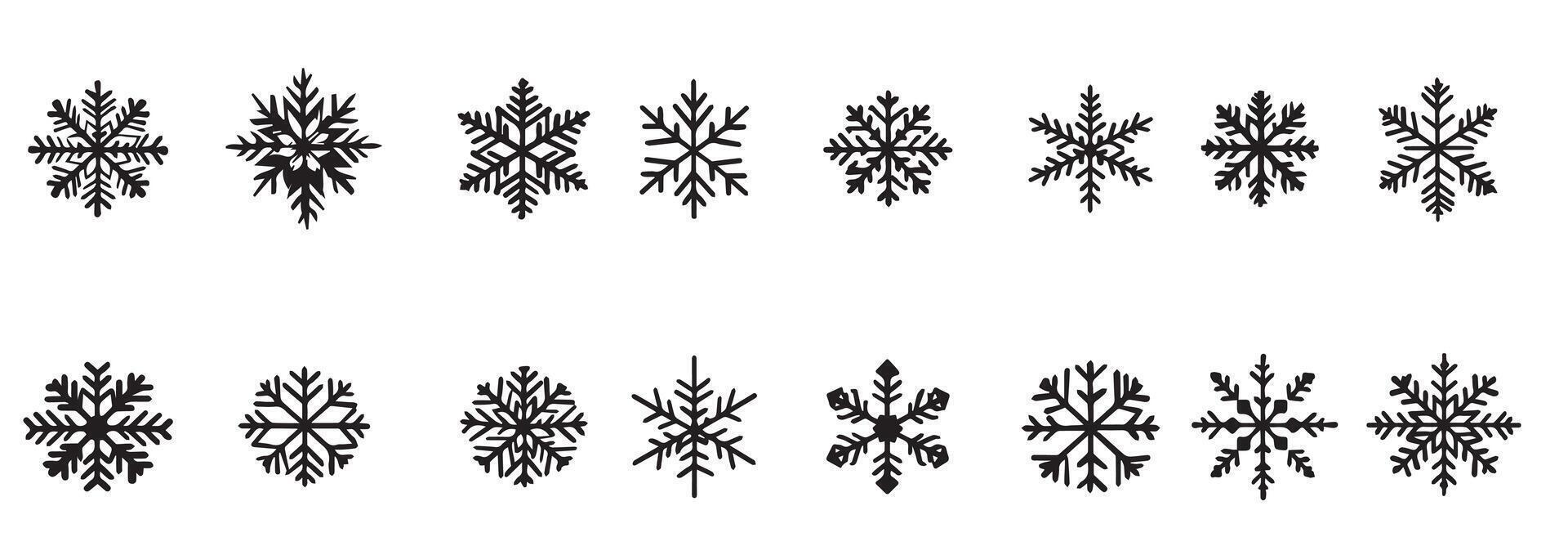 A winter snowflakes icons. Collection silhouette snowflake designs featuring various geometric patterns and symmetrical shapes. vector