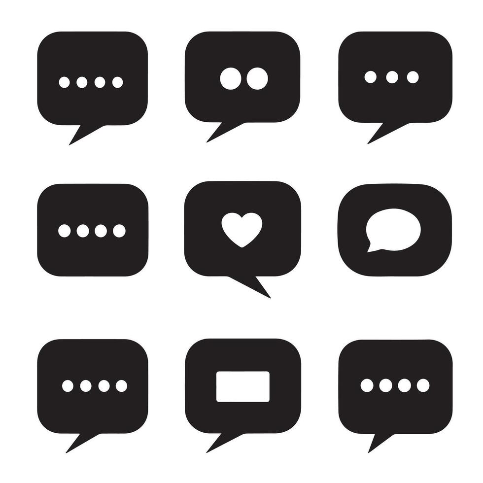 Set of square speech bubbles with various icons on a white background. Different empty speech chat discussion bubble line icons. Chat message speech bubble vector