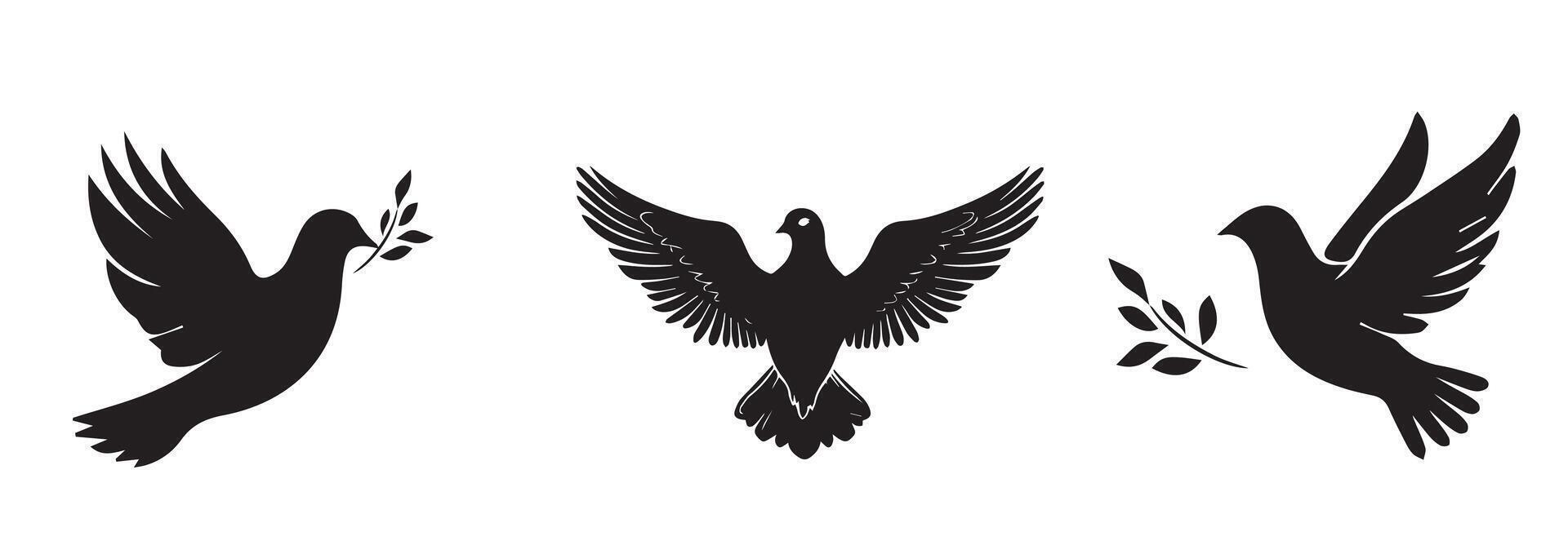 Silhouette set of doves carrying olive branches symbolizing peace on a white background. vector