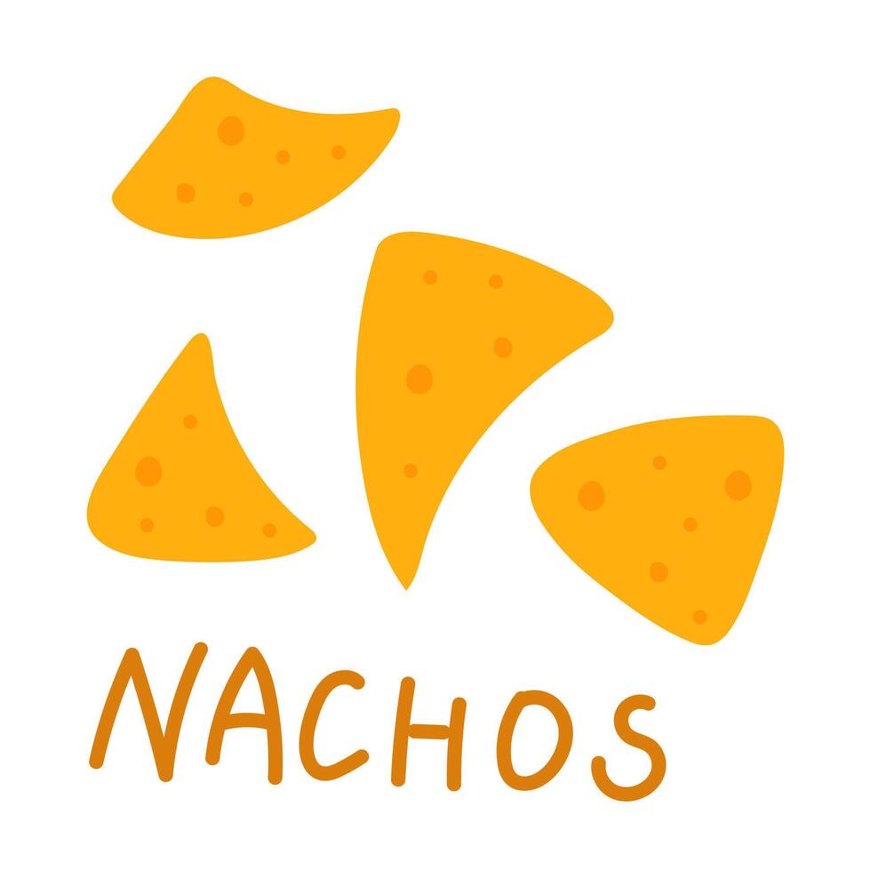 Nachos is a flat illustration with an inscription highlighted on a white background. Crispy golden tortilla chips, yellow triangles falling on a white background. Mexican snack for the holiday vector