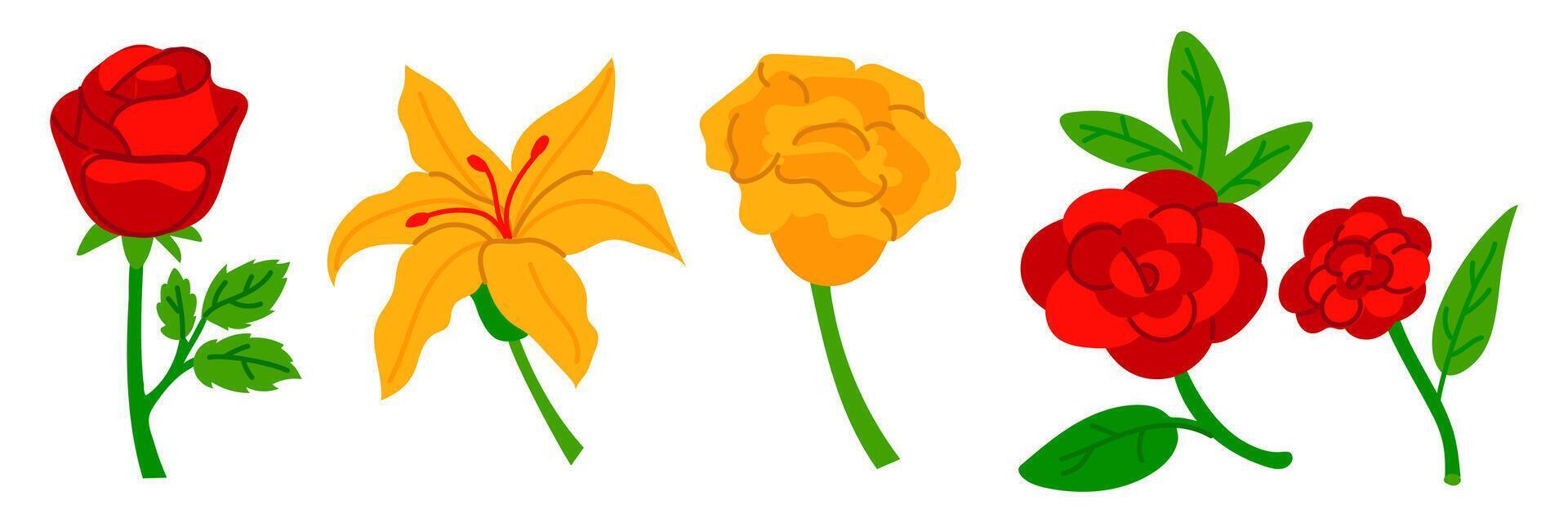 set of natural traditional Mexican flowers with leaves, red and yellow flowers. Decorative folk graphics, wallpaper element. festive Mexican floral motif. The illustration is isolated. natural vector
