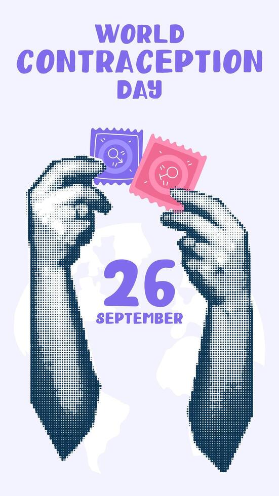 Hands holding a male and female condom collage in the style of pop art grunge. World Contraception Day, September 26, is made in a halftone style using dots. Hands holding a flat blue-pink vector