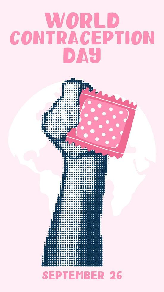 hand holds a contraceptive patch, a collage in the style of pop art grunge. World Contraception Day. Hands holding a flat patch, September 26, is made in a halftone style using dots. vector