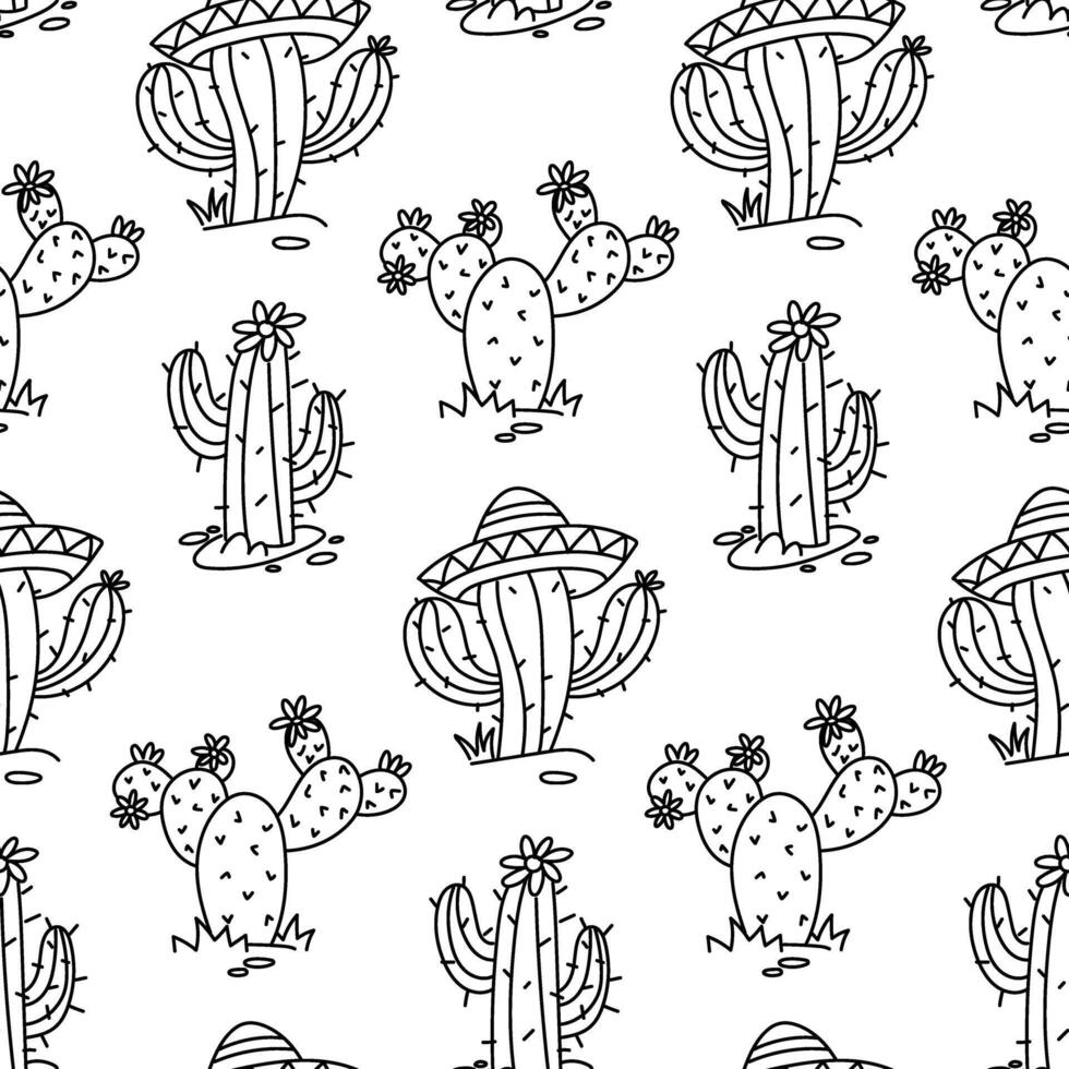 pattern of Mexican cacti is a black doodle. A lot of thorny plants bloom in a sombrero hat. Hand-drawn seamless texture with flowering cacti. Contrasting elements textiles of the desert nature vector