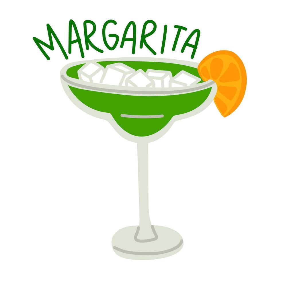 Margarita cocktail in a glass with a slice of lemon, an alcoholic drink, hand-drawn, with ice cubes and salt. flat bright illustration. Mexican refreshing green drink. Bright with a name vector