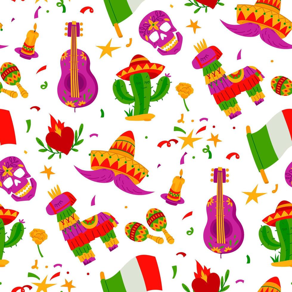 pattern of Mexican motifs is skull, flowers, the flag of Mexico, heart, pinata, sombrero with mustache, maracas, guitar, candles, fireworks. Packaging for a Mexican holiday, party. Flat bright texture vector