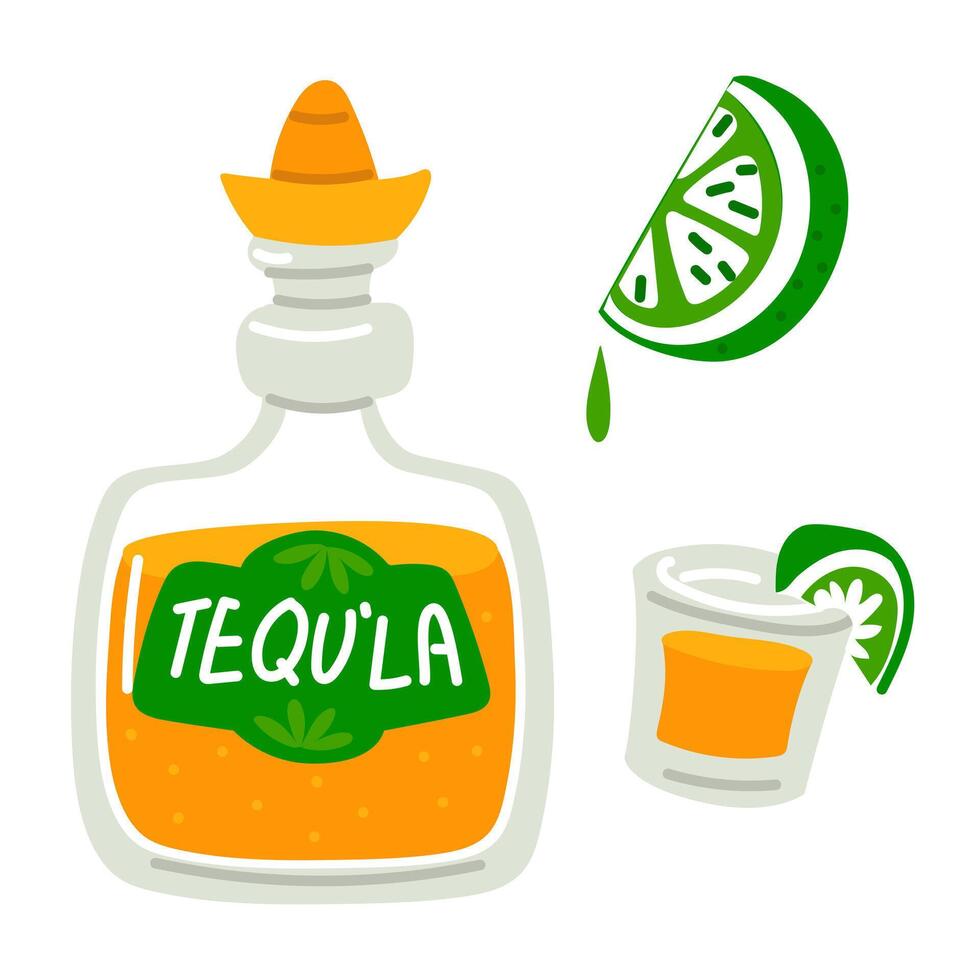 Tequila bottle with hat, glass, lime slices isolated on white. Flat illustration of Mexican strong drink. Drinking an alcoholic beverage is a treat. Yellow hot liquid. Bottle with product label vector