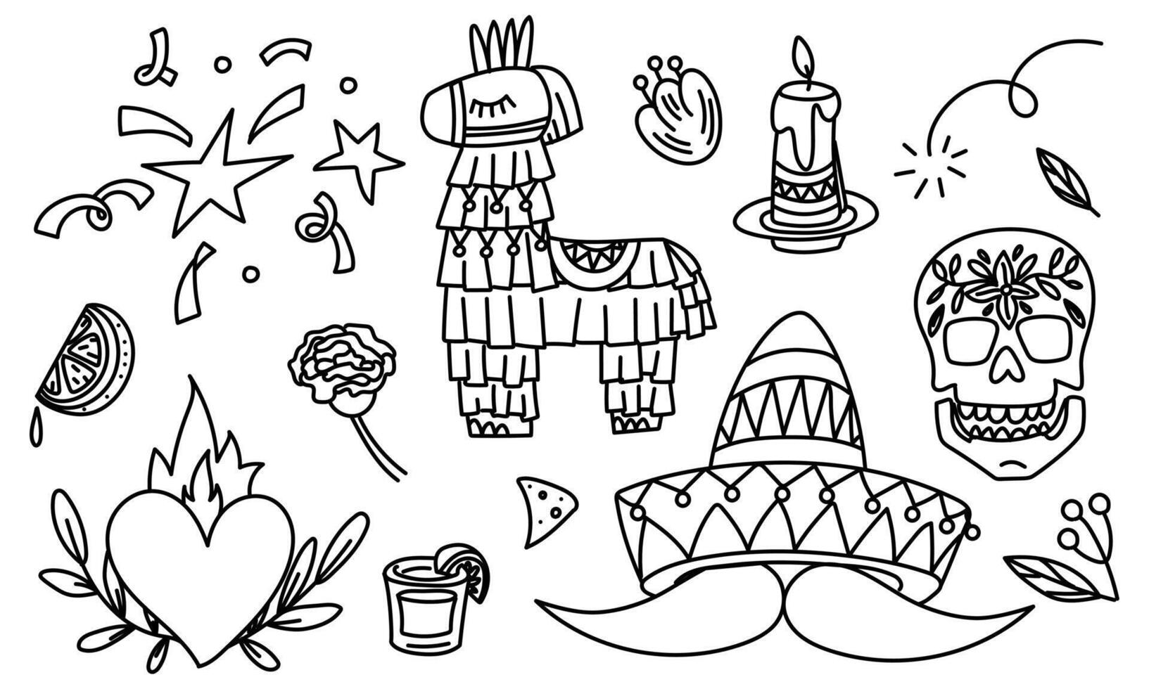 Beautiful doodle illustration, skull, flowers, Mexican heart, Pinata, sombrero with mustache, tequila, lime. Dedicated to the Mexican holiday of May 5th Cinco De Mayo. template vector