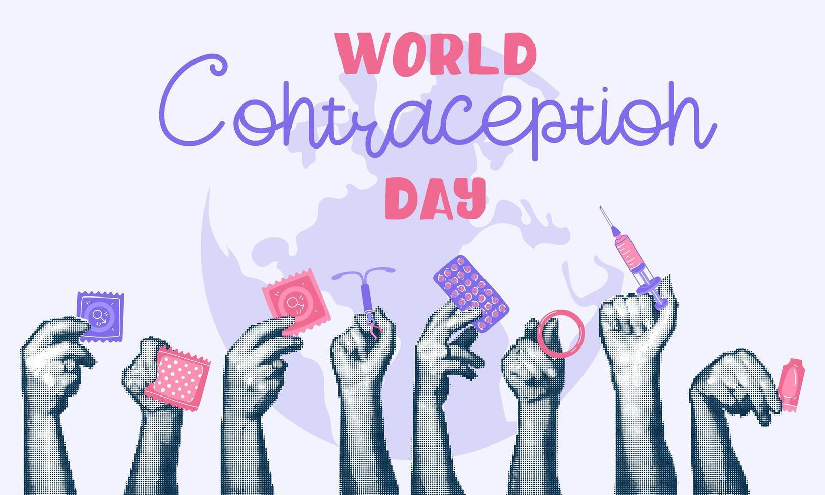 Hands holding a variety of contraceptives, a collage in the style of pop art grunge. World Contraception Day, September 26, is made in a halftone style using dots. Hands and contraceptives vector