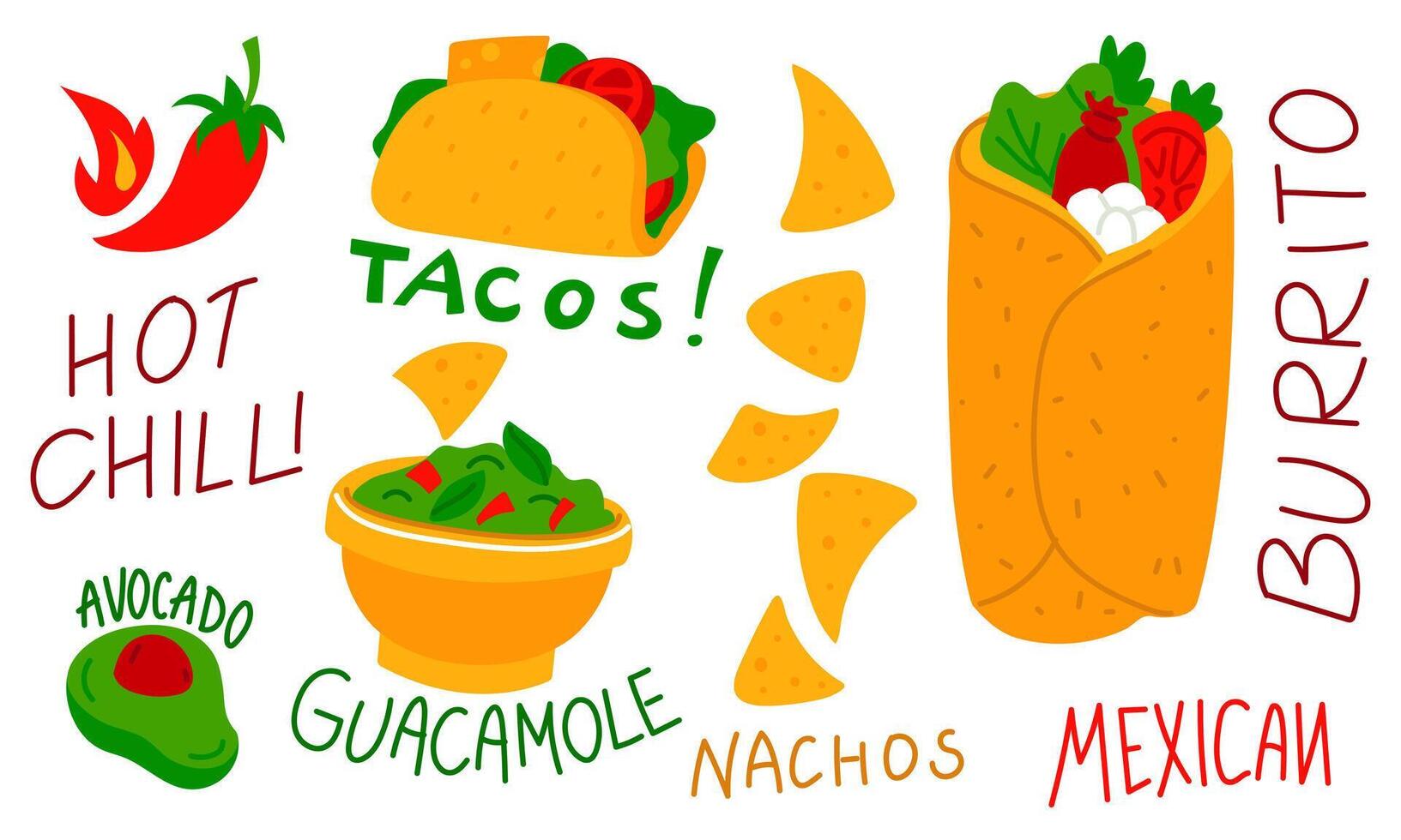 Tacos, burritos, peppers, guacamole, nachos, avocado from fresh products on a white dish with the name. Tortilla with various fillings. Mexican cuisine, Latin American fast food. Flat illustration vector