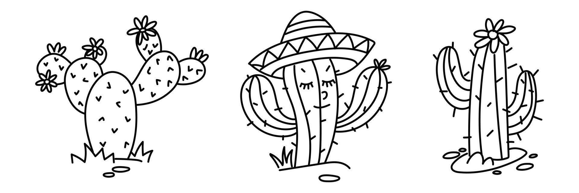 set of doodle sketches of Mexican cacti. variety of thorny plants in a sombrero hat. Hand-drawn in black and white lines. contrasting elements are isolated. The black outline of the collection vector