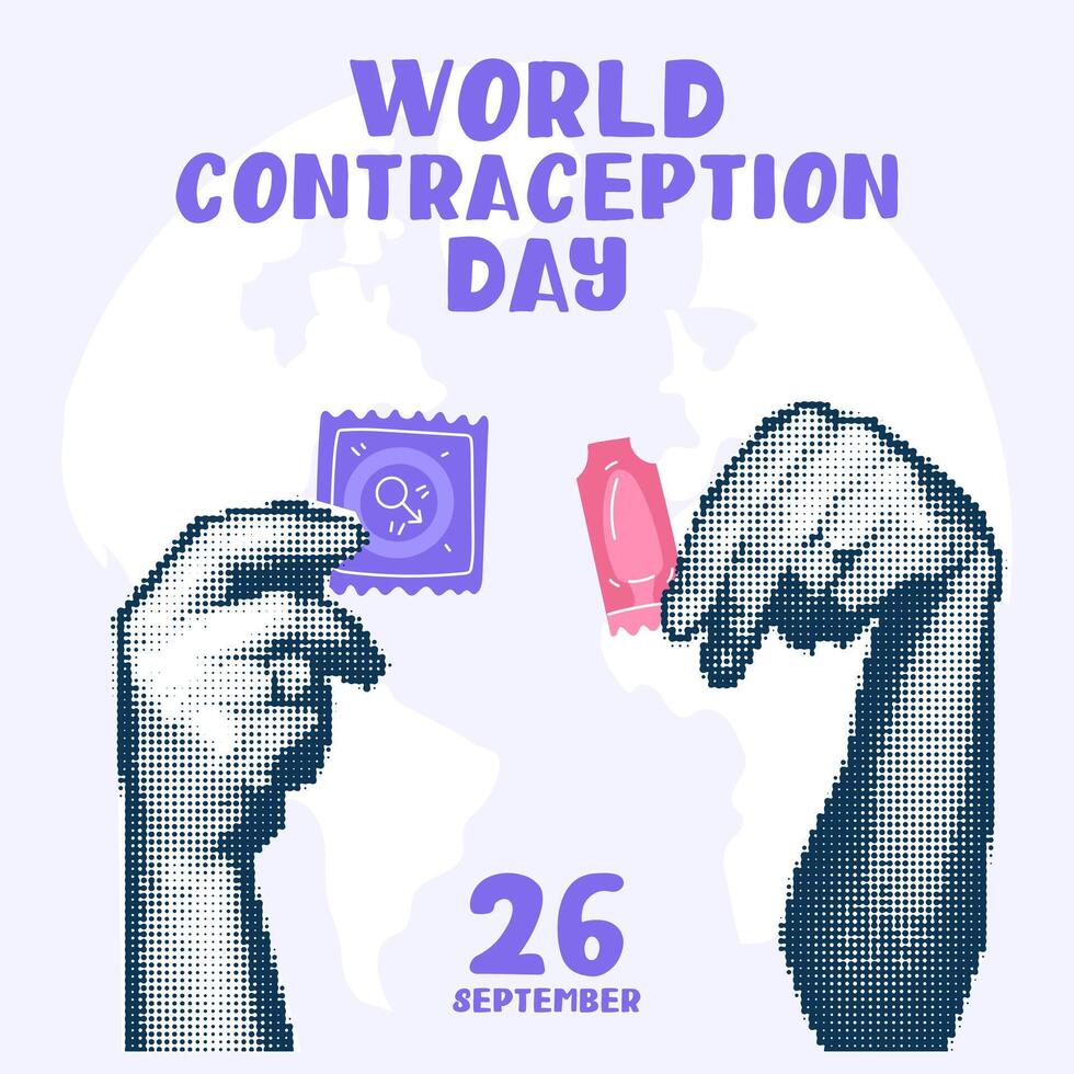 Hands holding a condom and a suppository, contraceptives, a collage in the style of pop art grunge. World Contraception Day, September 26, is made in a halftone style using dots. Hands holding vector