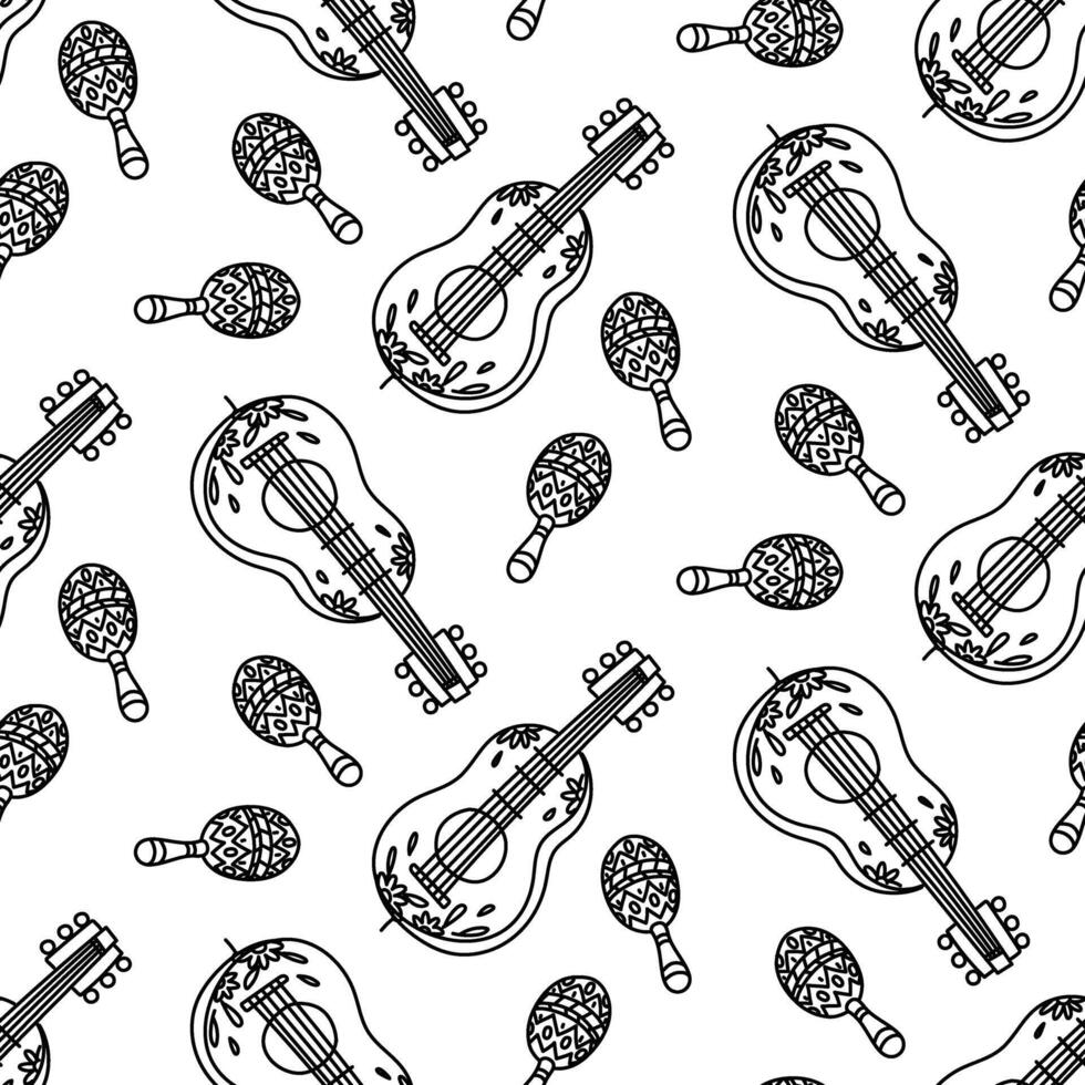 A pattern of Mexican musical instruments with doodles. Maracas, guitar repeating in a turn. Painted instruments for Mexican-style folk festivals in motion. playing instruments. Seamless texture vector
