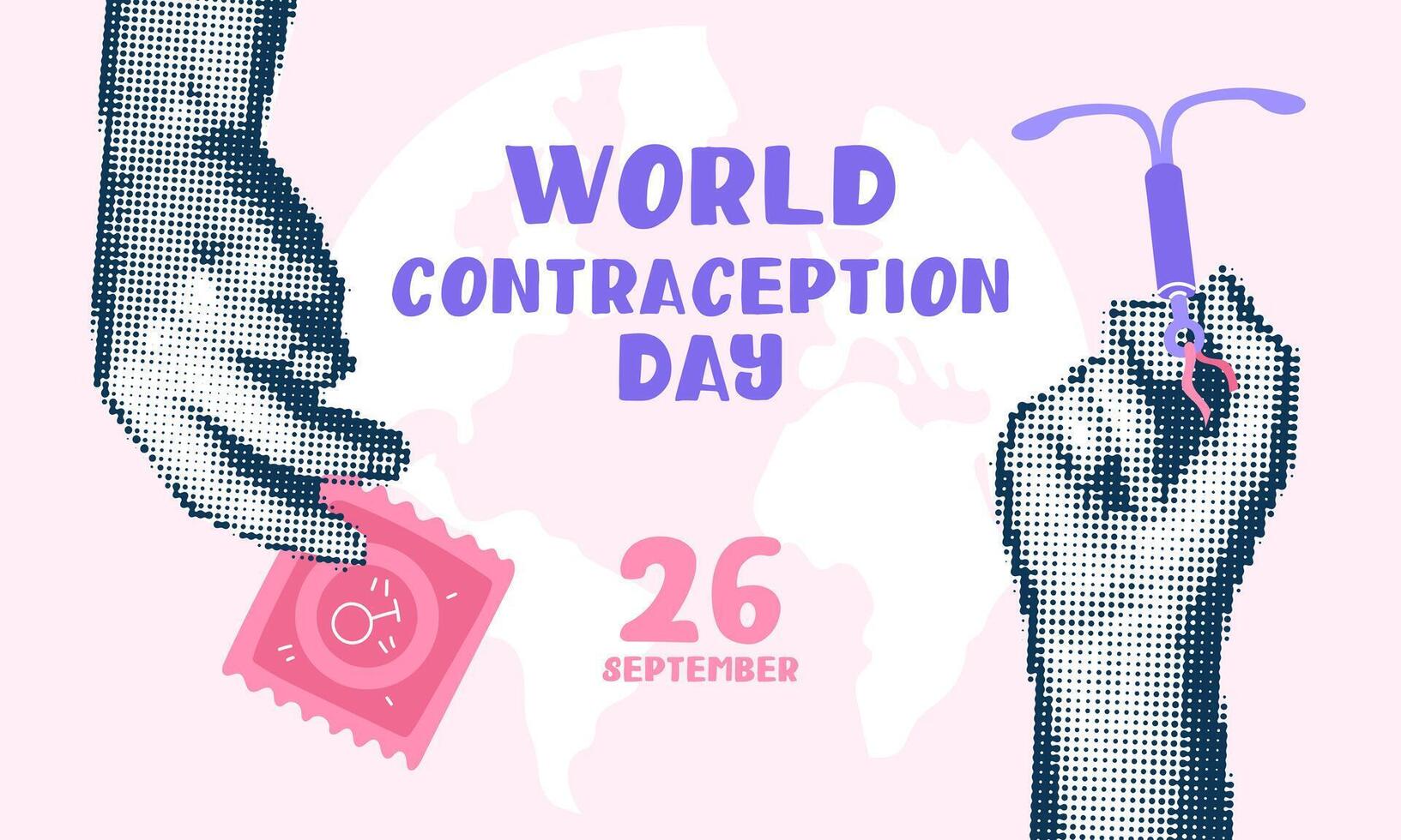 Hands holding a condom and an IUD, contraceptives, a collage in the style of pop art grunge. World Contraception Day. The hands pressing a flat object against each other, on September 26, halftone vector