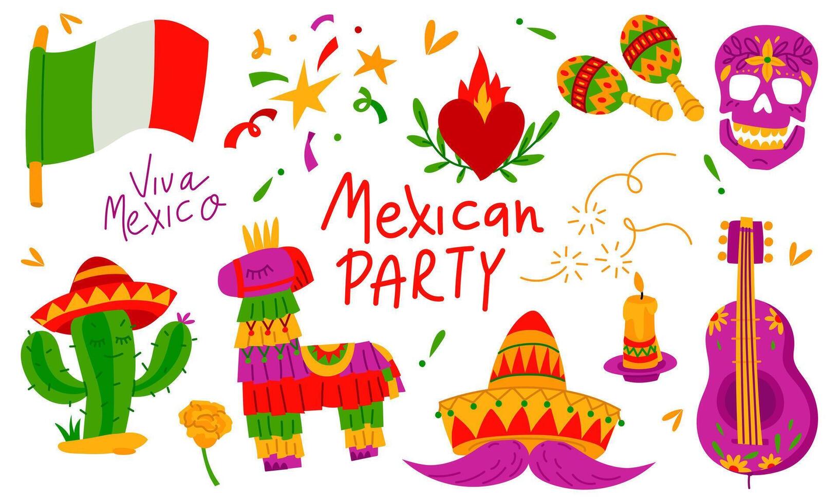 Beautiful drawings, skull, flowers, Mexican heart, pinata, sombrero with mustache, maracas, guitar, candle, fireworks. Dedicated to a Mexican holiday, a party. Flat bright collection of objects vector