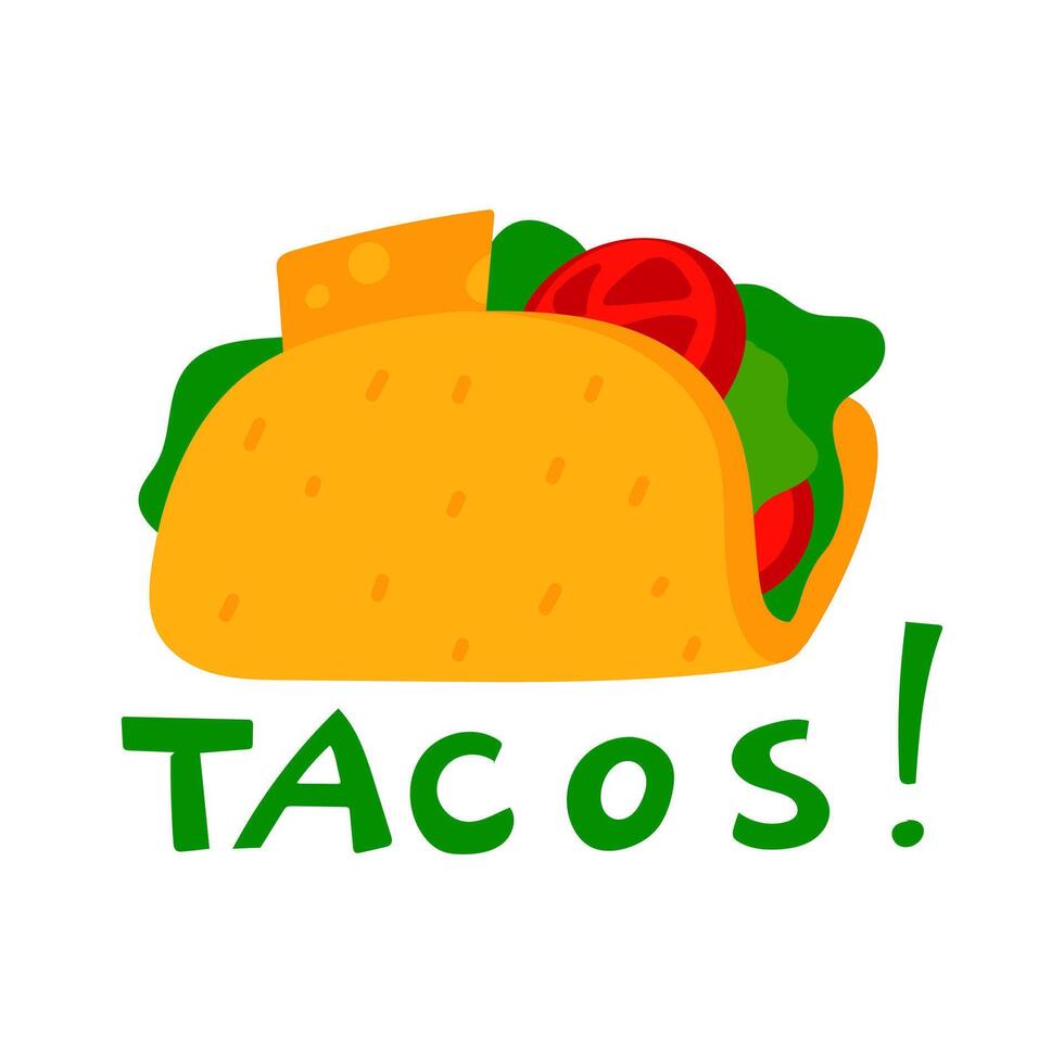 Grilled beef tacos with fresh tomato salsa on white. bent tortilla with variety of fillings. Mexican food, Latin American fast food. Isolated flat illustration on white with inscription, product name vector