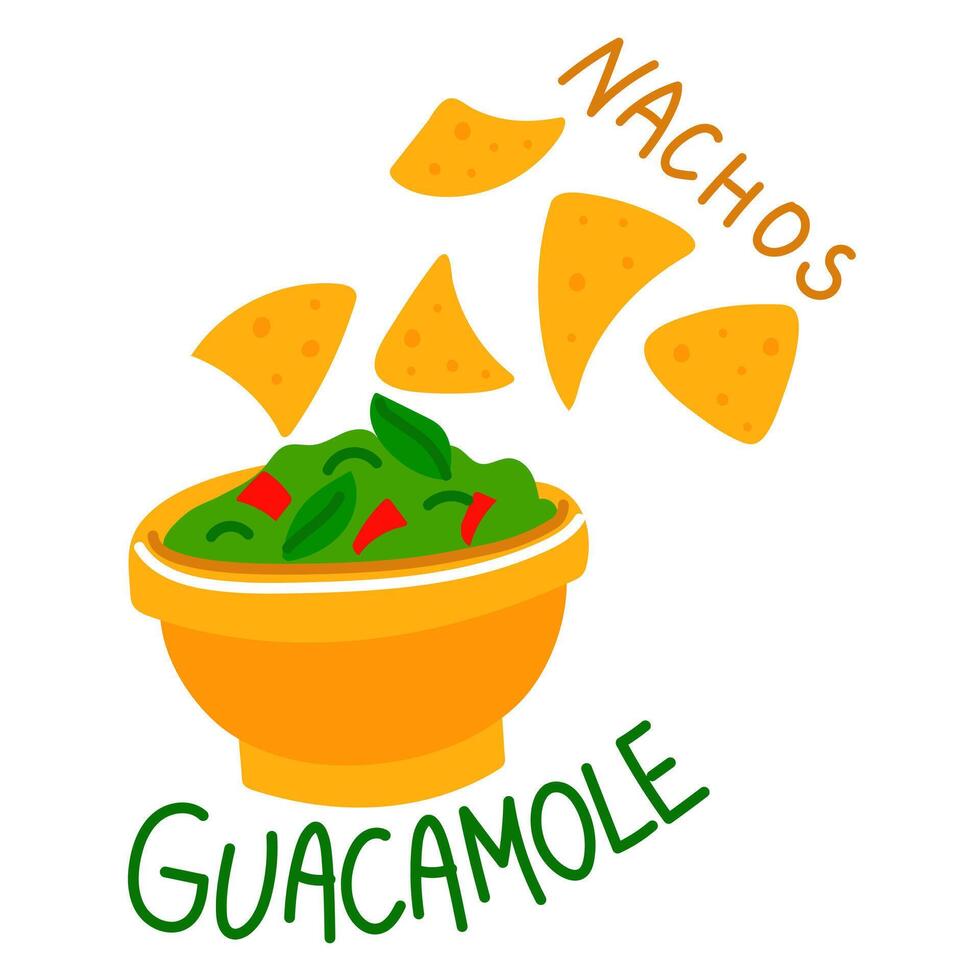 plate of guacamole with nachos is a flat illustration with an inscription highlighted on a white. mixture of guacamole sauce with pieces pepper. nachos fall into the green sauce. Mexican snack vector