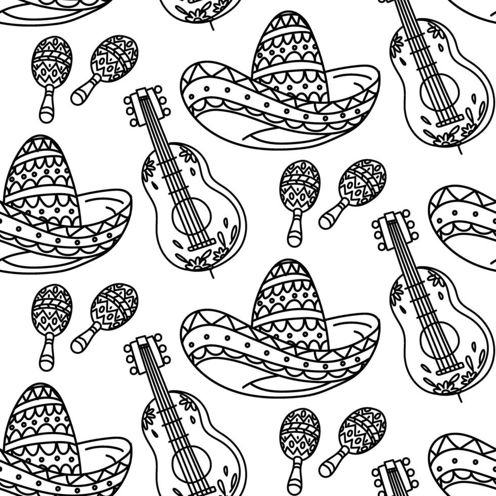 A pattern of doodle Mexican musical instruments. Maracas, guitar, sombreros repeated in the turn. Painted instruments for Mexican-style folk festivals in motion. playing instruments. Seamless texture vector