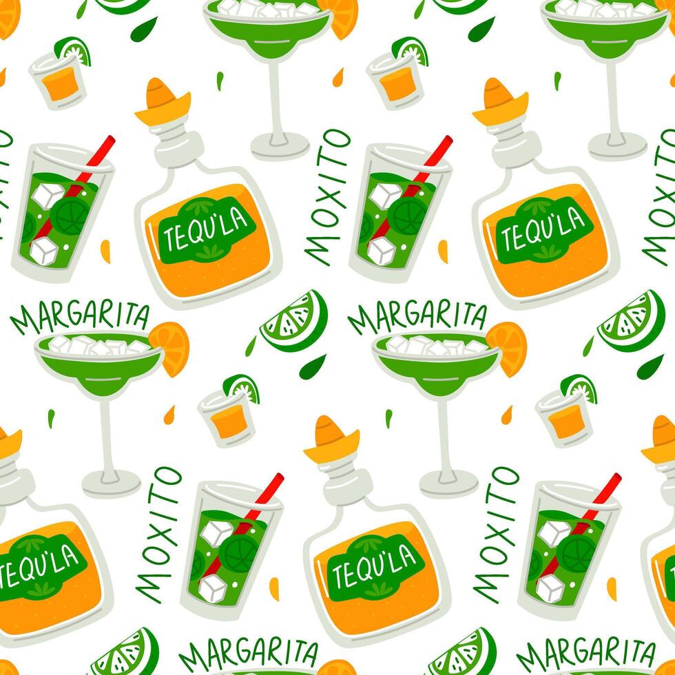 pattern of Margarita, Mojito, tequila cocktails in a glass. on the stack is a slice of lemon, lime, with ice cubes. Seamless texture is a vivid. Mexican refreshing green, yellow drink. With the name vector