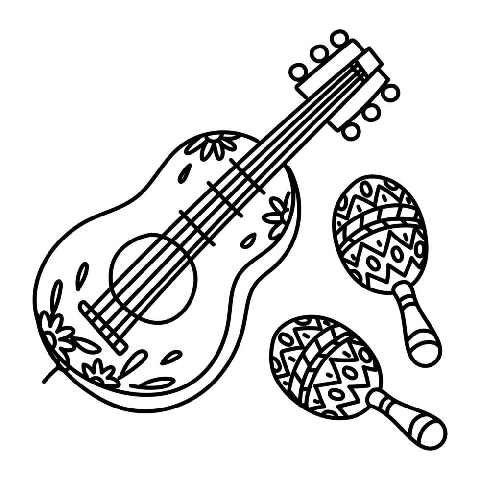 A Set Of doodle Mexican Musical Instruments. Maracas, Guitar on a white background. Painted instruments for folk festivals in the Mexican style. Isolated linear items. A black outline vector