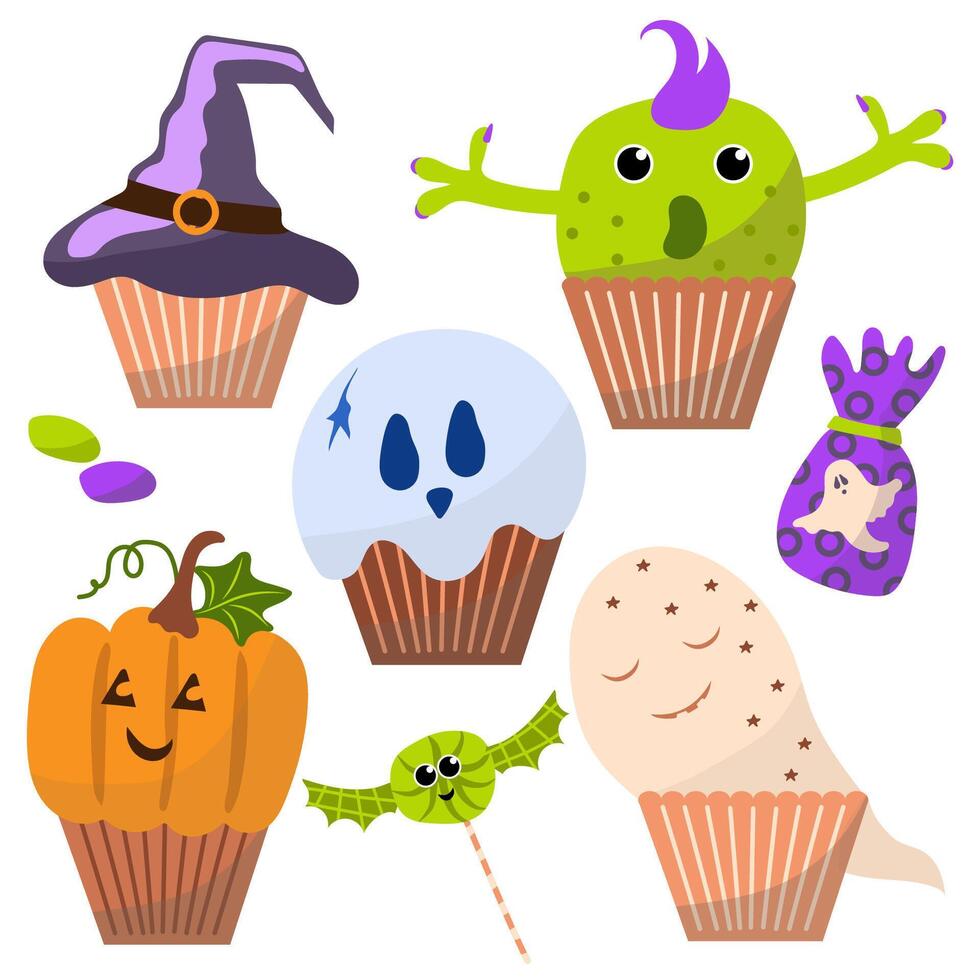 Halloween Cupcakes with Cute Monster, Ghost, Pumpkin, and Witch Hat Decorations vector