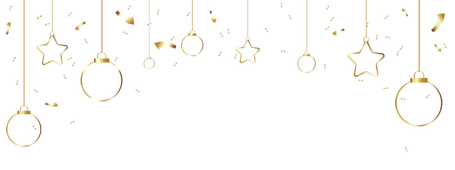 Falling Gold paper pieces, confetti and ribbon streamers falling on white background with copy space for text. Merry Christmas and New year design template. Festive decorative tinsel design element vector