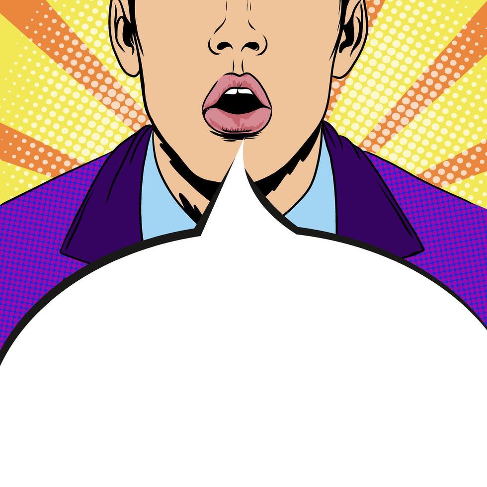 Closeup of shocked pop art man with open mouth and speech bubble with copy space for announcement. illustration in comic retro pop art style for announcement, advertising, sale, discount, vector
