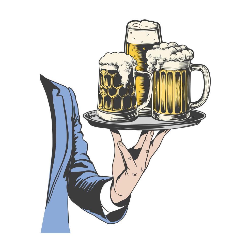 Waiter with three glasses of beer and tray on arm engraving imitation style. Foods Service illustration isolated on white background. vector