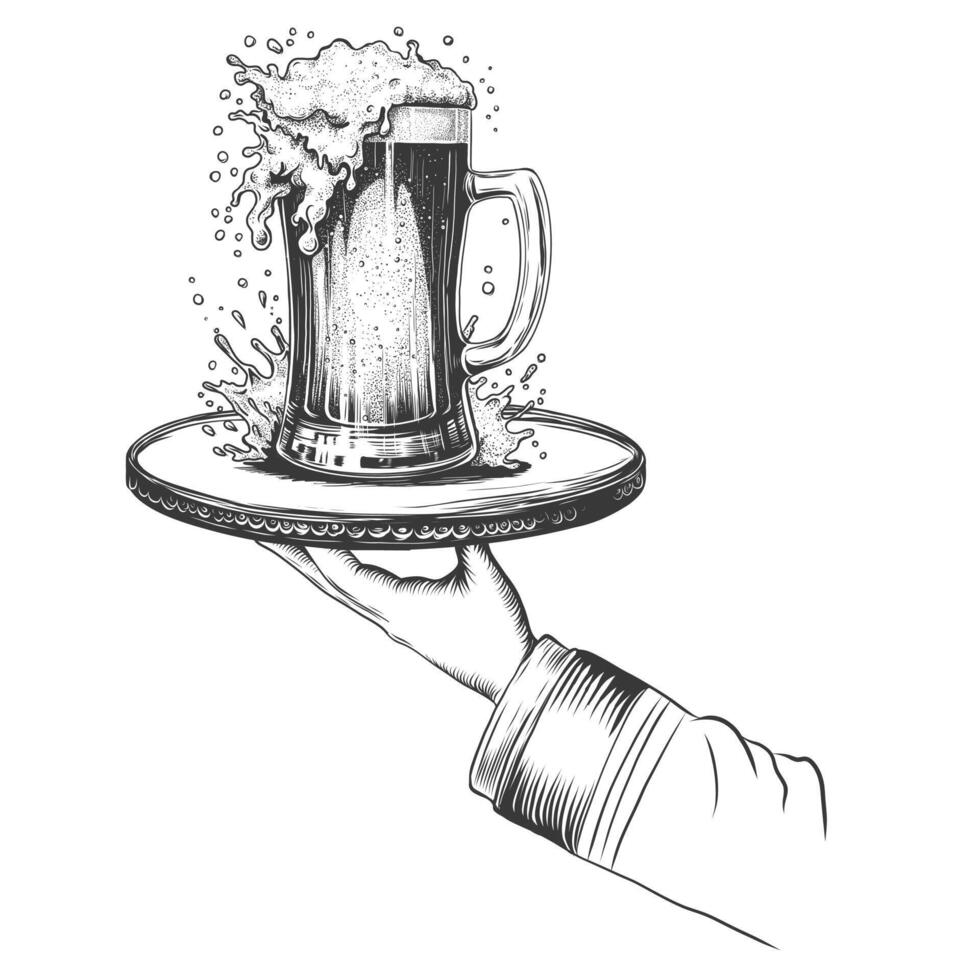 Waiter hand holding serving tray with splash beer glass. Engraved style hand drawn illustration isolated on background vector