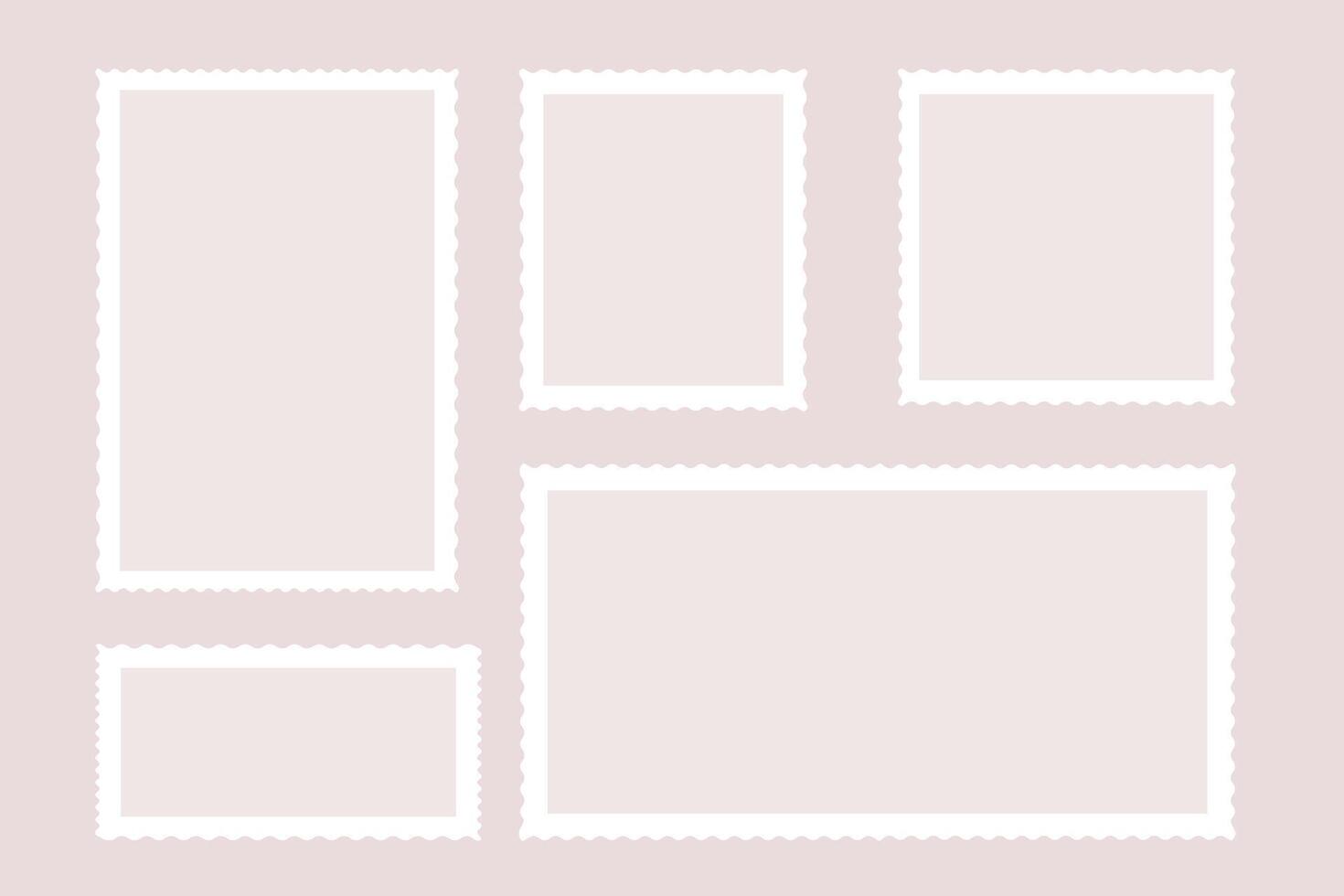 Empty post stamps set. Blank postal frames for mail letter with copy space for text or image. Postage perforated templates of paper postmarks. illustration isolated on background vector