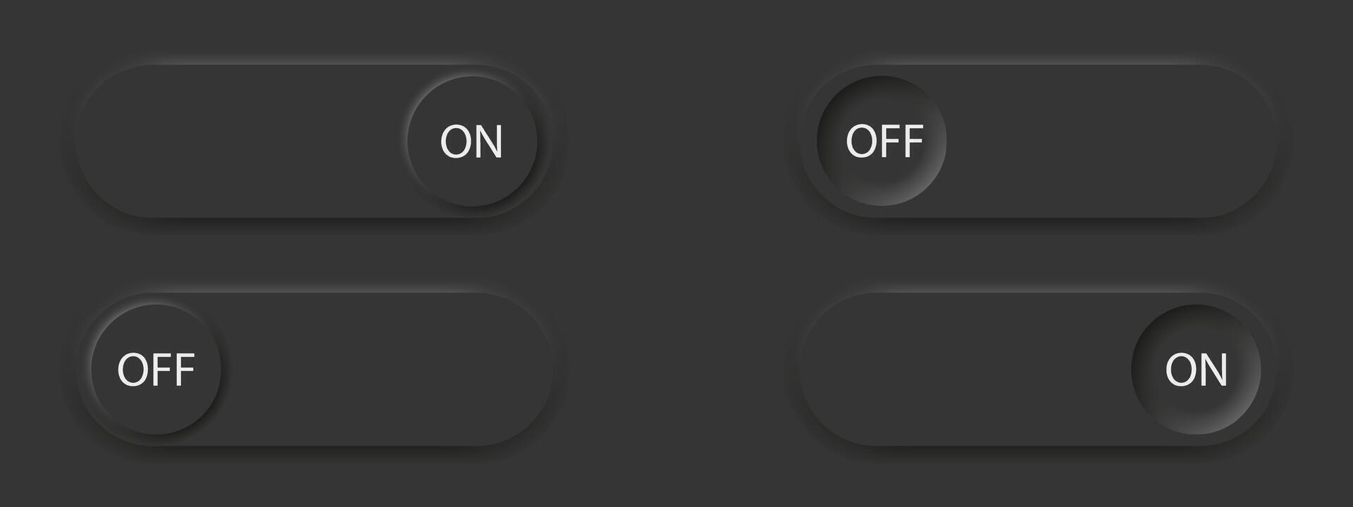 On and Off Toggle Switch Buttons for User Interface Mockup or Template - black soft and smooth 3d buttons on dark Background. Graphic Design For website or apps design vector