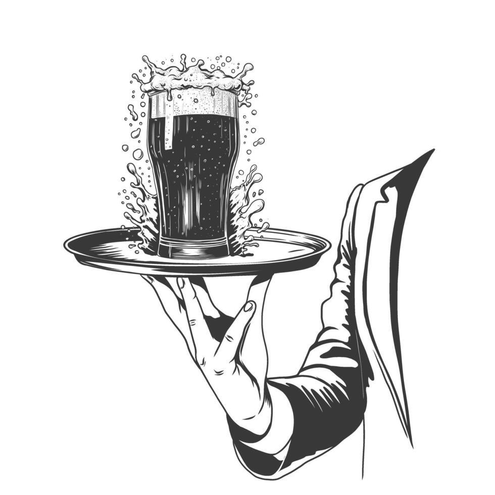 Beer on tray. Hand holding serving tray with beer glass. Engraving imitation. Black and white Ink sketch isolated on background. vector
