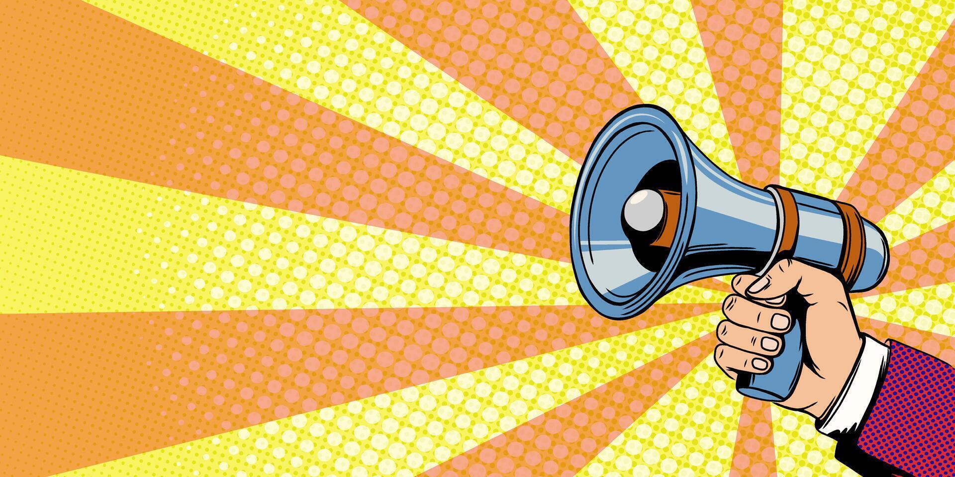 Hand holds a bullhorn. Advertising banner with megaphone and copy space in retro pop art comic style. Announcement of news, sales, discount, special offer. Loudspeaker announces. vector