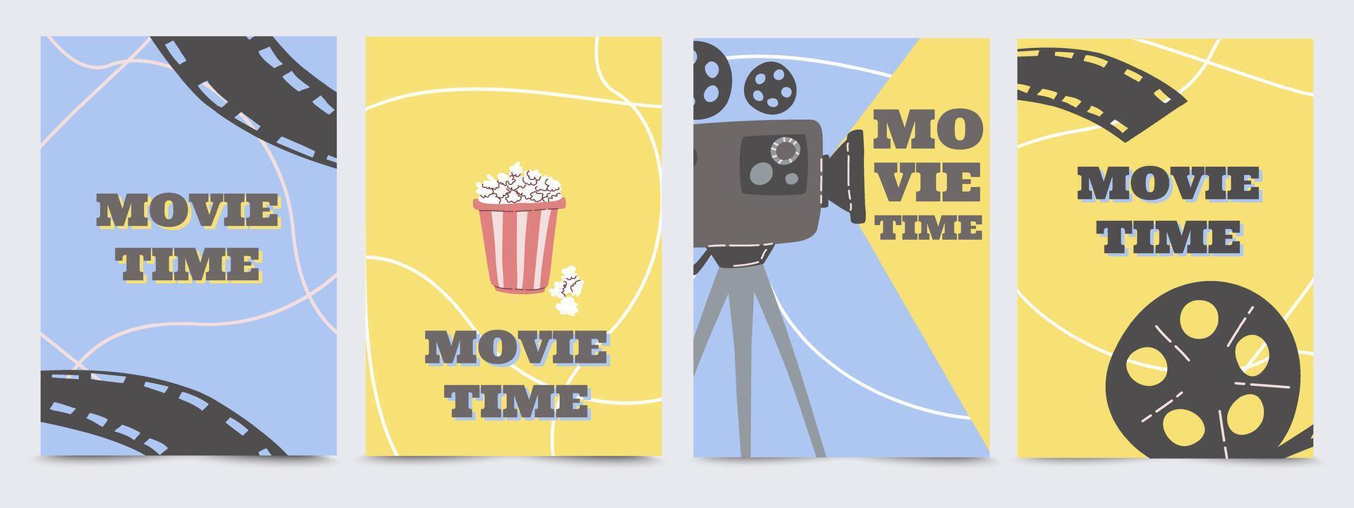 Movie event invitation placard set. Cinema Festival and Movie Night invitation Poster Banner Card design Templates with bucket of popcorn, camera, reel of magnetic tape. Cinematography Event vector