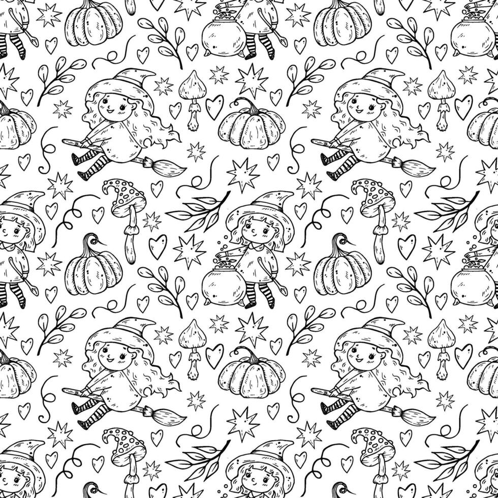 Halloween seamless pattern with little funny witches in hats, pumpkins, mushrooms. Black line illustration for decoration and design wrapping paper, fabrics, souvenirs vector