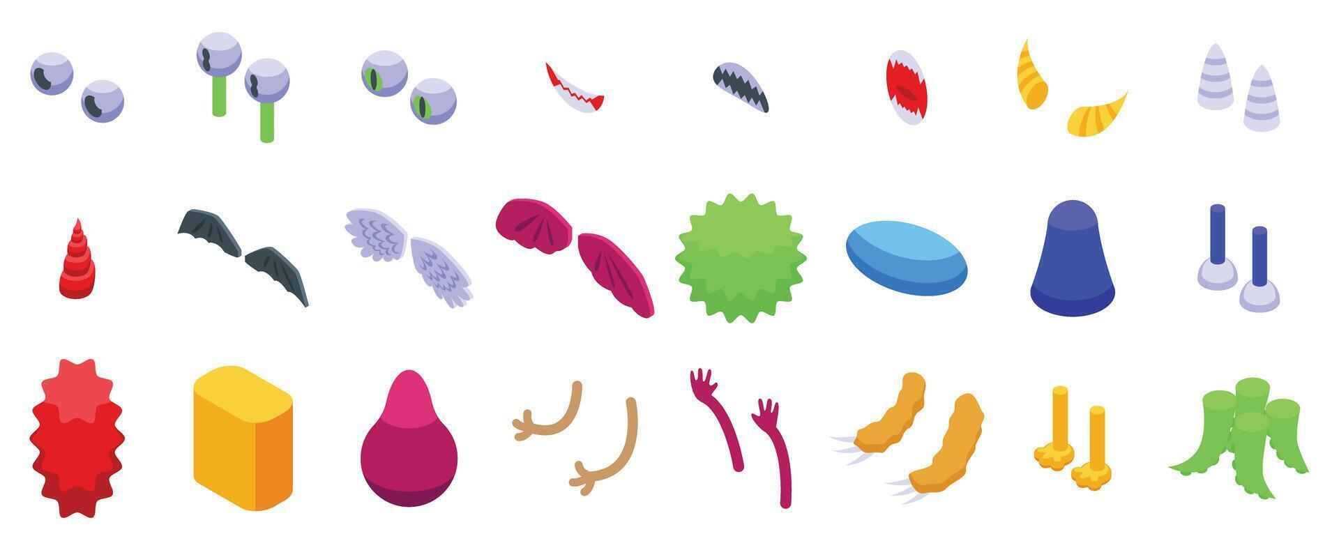Monster creation icons set. Monster body parts icons set isometric vector. Alien or fantasy animal constructing constructor vector