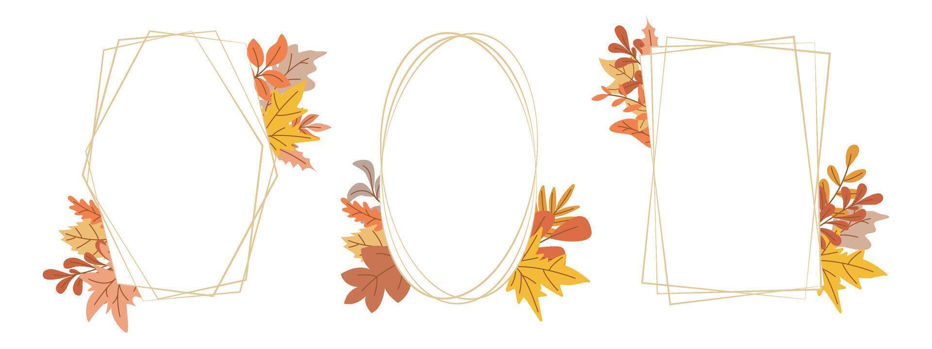 Set of graceful golden frames decorated with autumn leaves vector