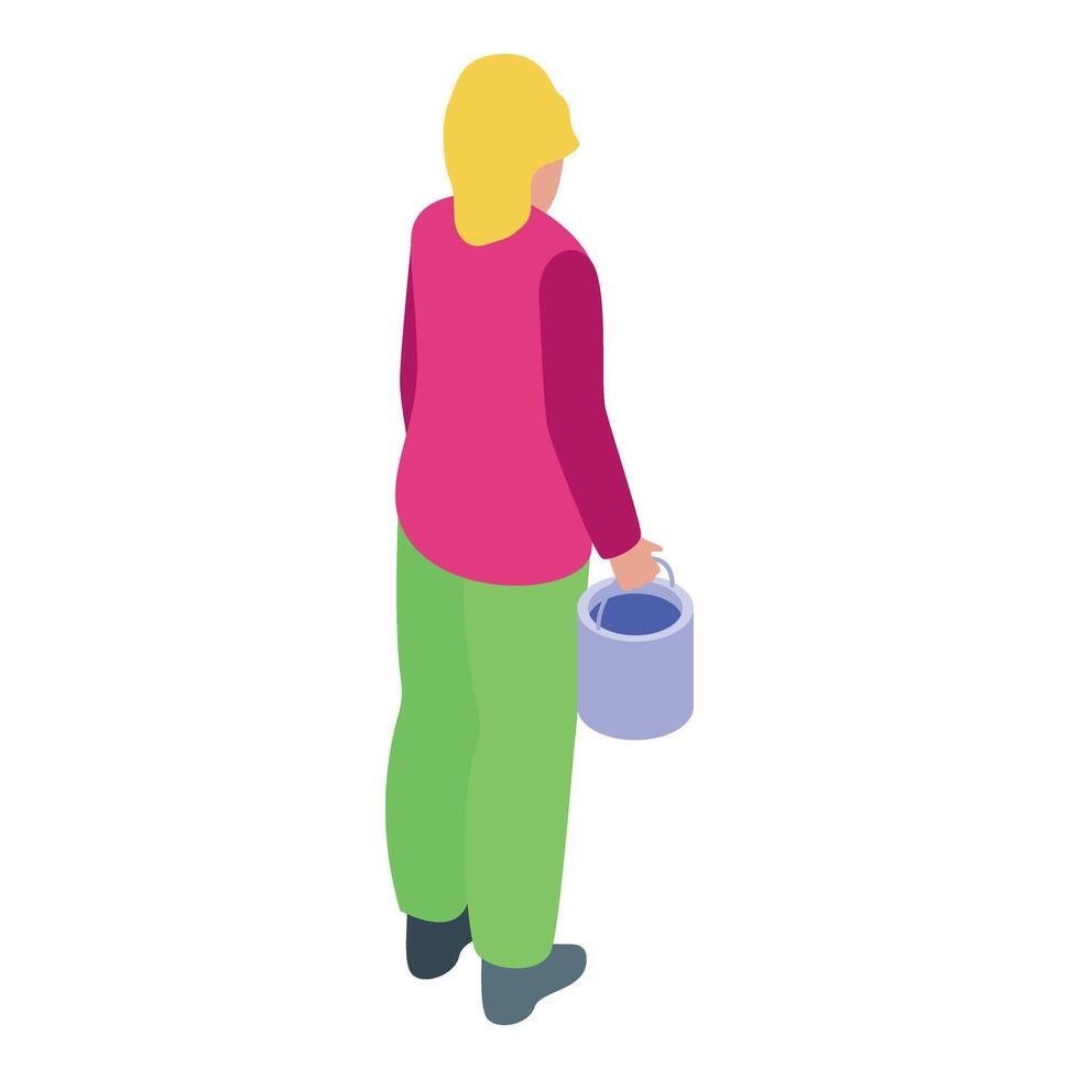 Woman holding paint bucket rear view isometric icon vector