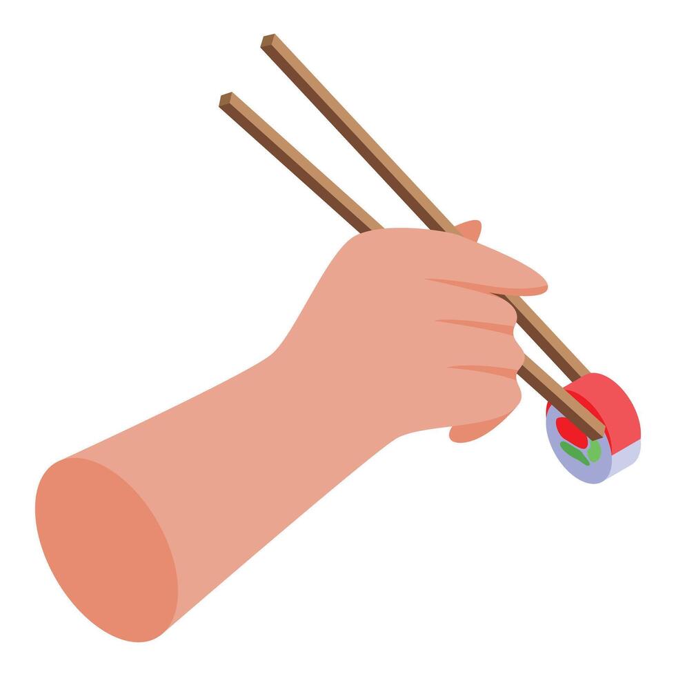 Hand holding sushi with chopsticks isometric icon vector