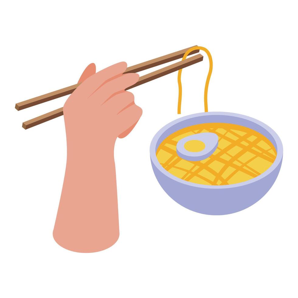 Hand holding chopsticks picking up noodles from bowl of ramen soup vector